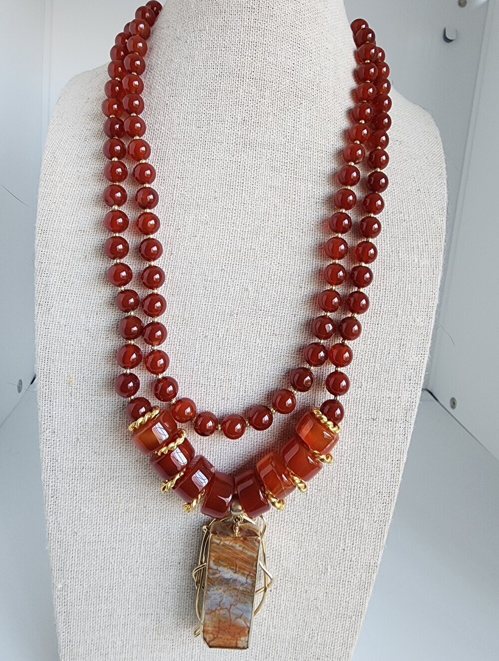 Orange/red Carnelian Agate Statement Necklace Double Strand Gemstone Pendant 18"
